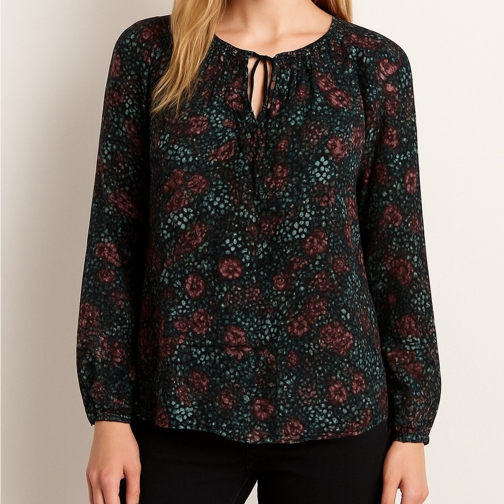 LOFT Dark Floral Blouse Tie Neck Size Large